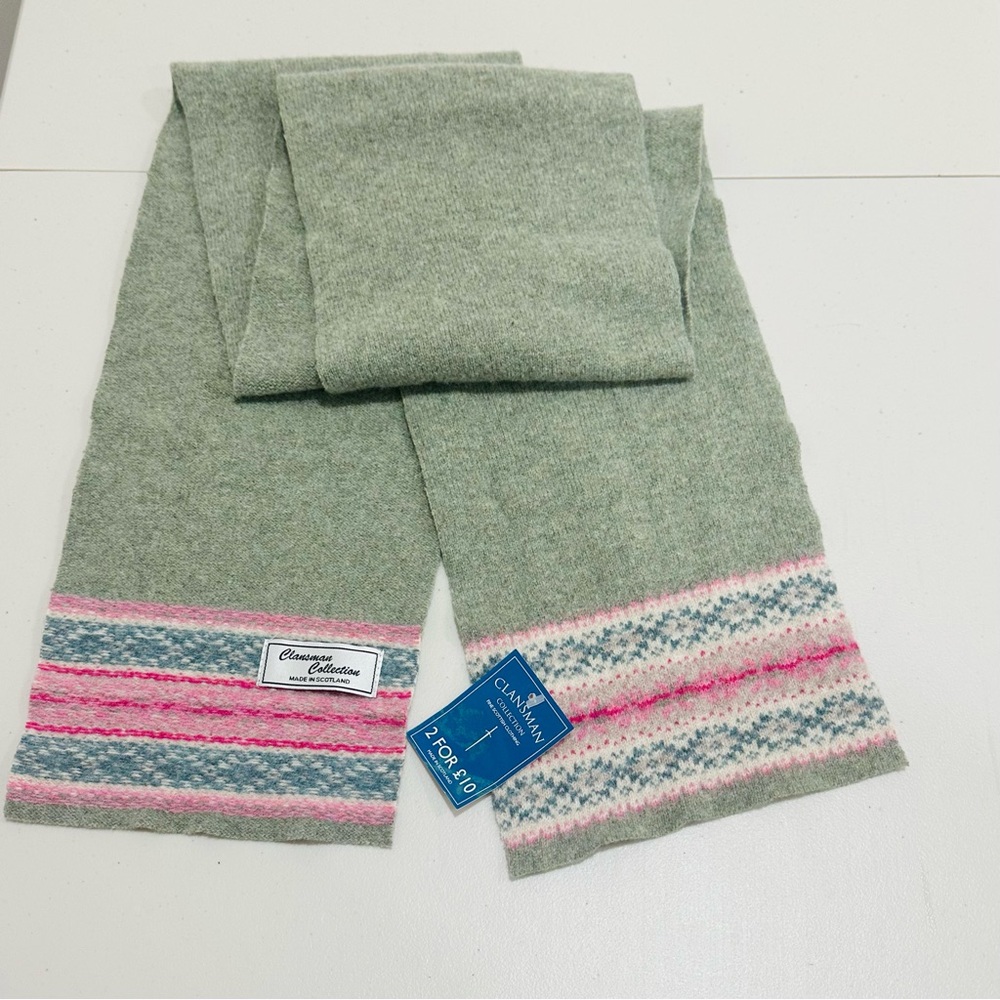 NWT Clansman Collection Wool Scarf Gray 7”x64” Made in Scotland Green / Pink‎